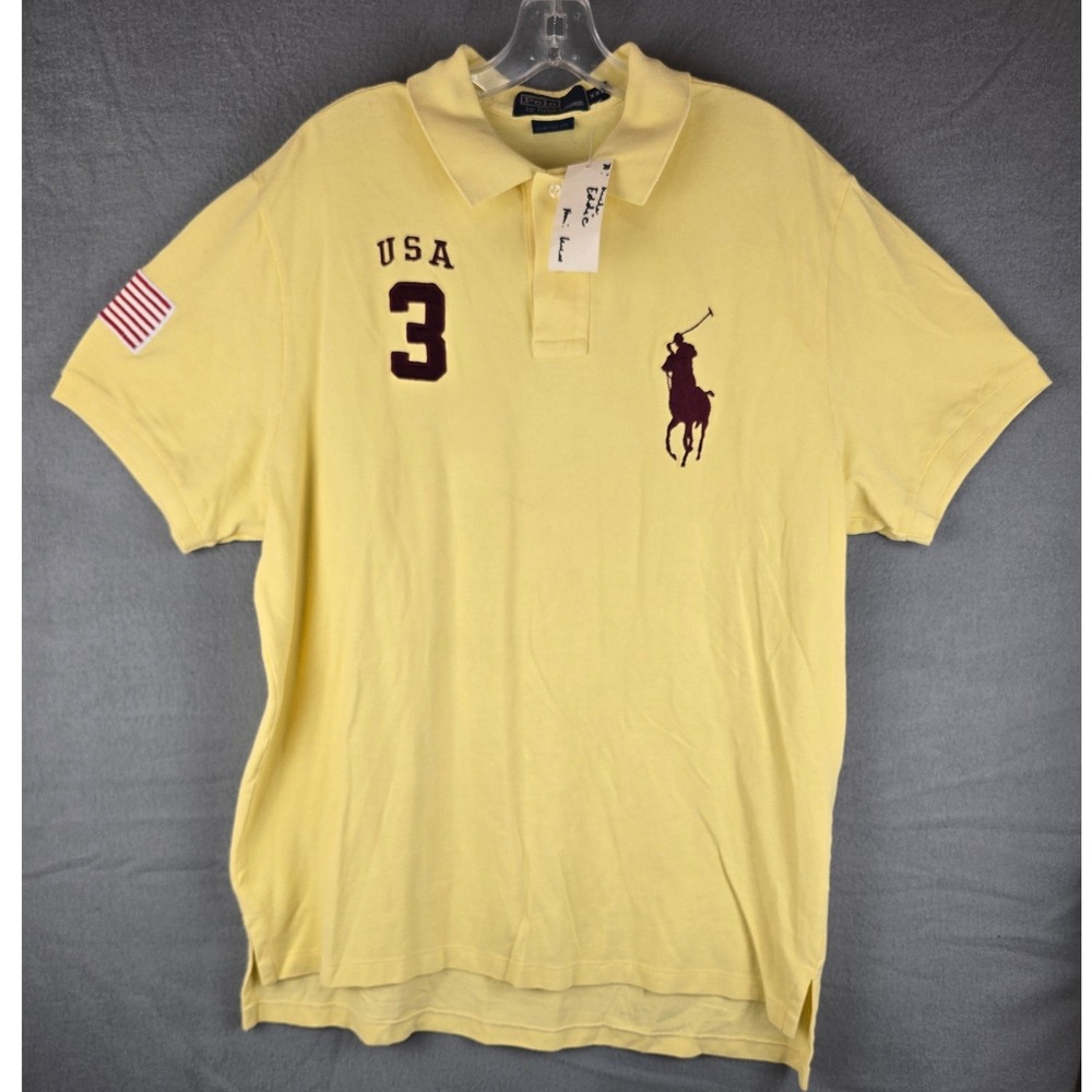 Polo Ralph Lauren Big Pony Mesh Polo XXL Yellow USA #3 American Flag NWT Preppy